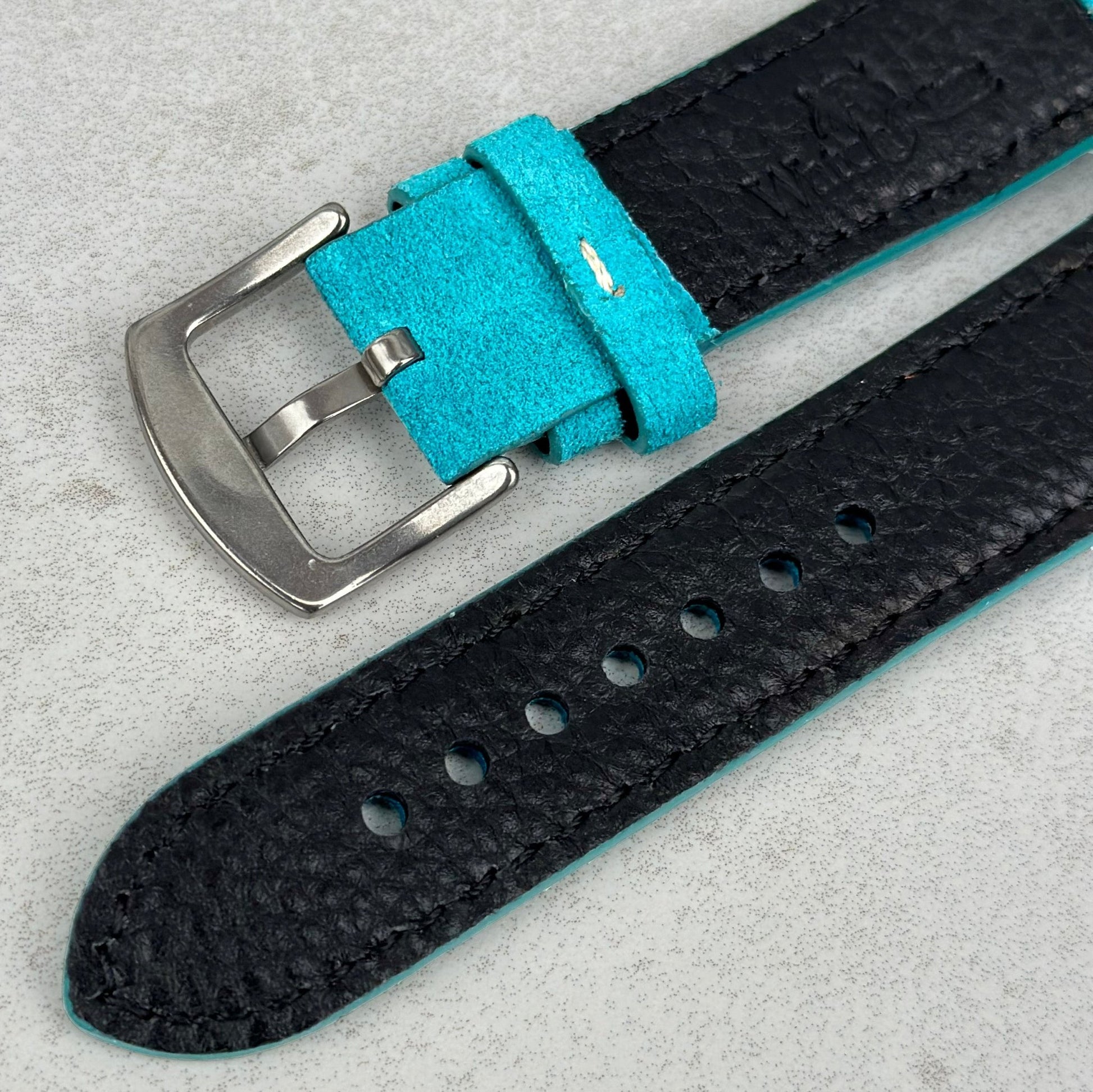 Underside of the Paris turquoise suede watch strap. Watch And Strap.