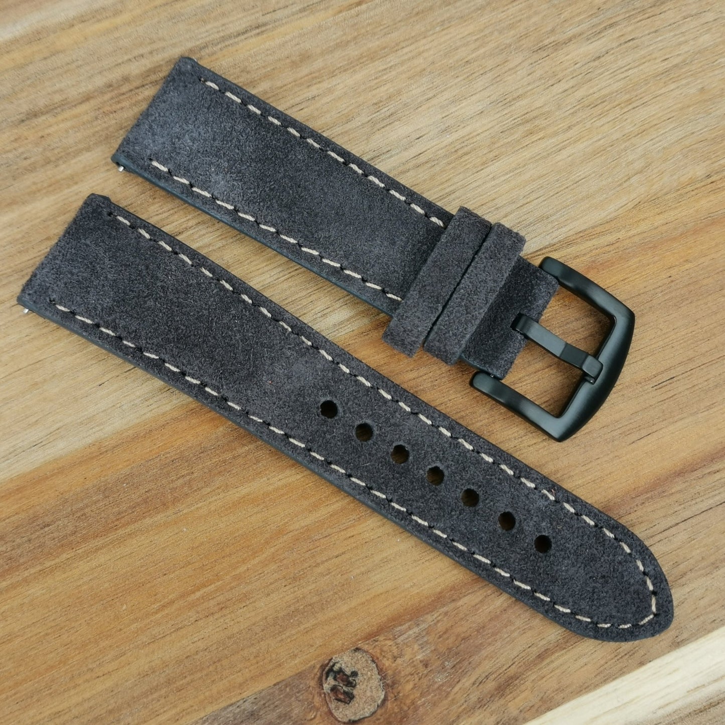 Paris gunmetal Grey suede watch strap. PVD black stainless steel buckle. 18mm, 20mm, 22mm, 24mm. Watch And Strap.