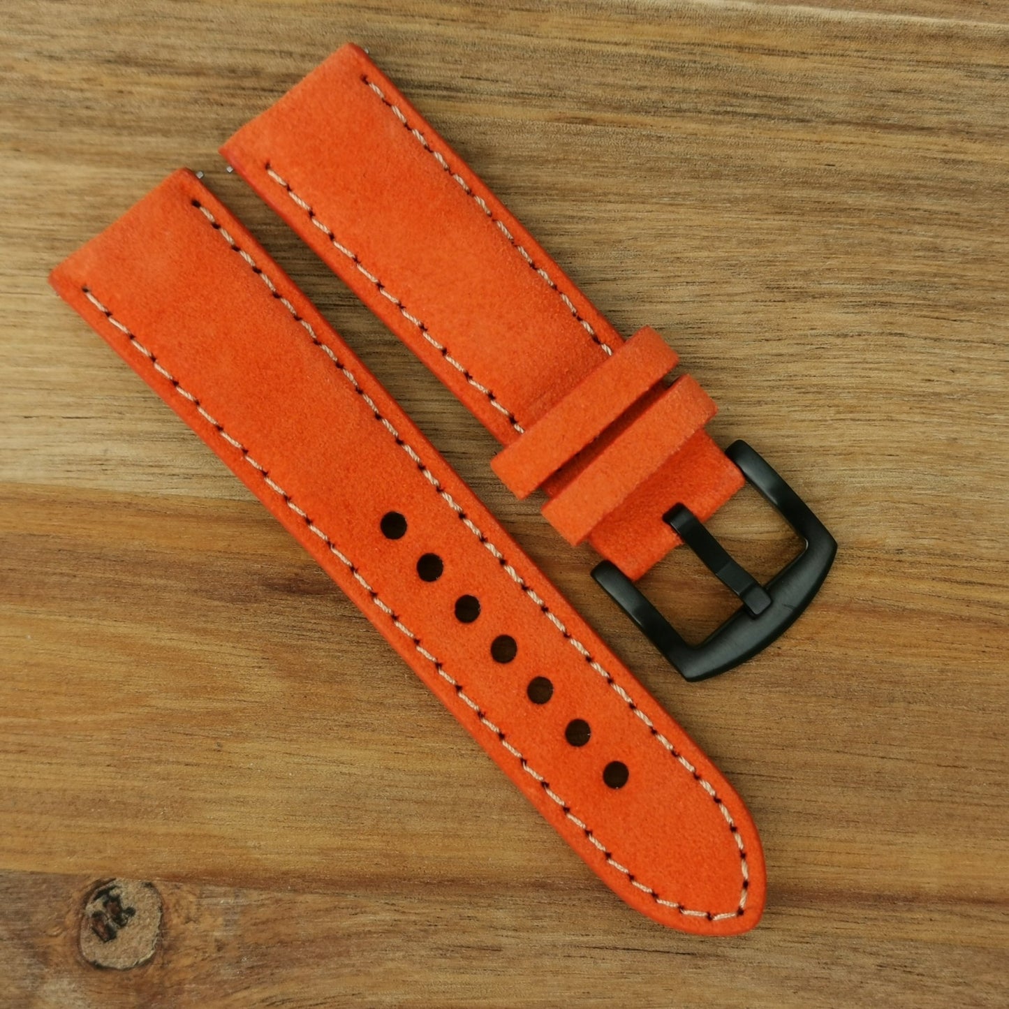 Paris orange suede watch strap. Ivory stitching. Padded suede watch strap. PVD black. 18mm, 20mm, 22mm, 24mm. Watch And Strap