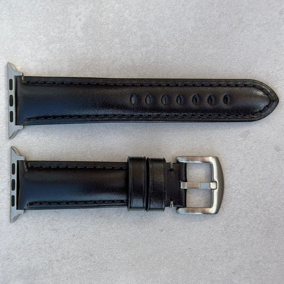 Black Vegetable Tanned Full Grain Leather Apple Watch Strap – Watch and ...