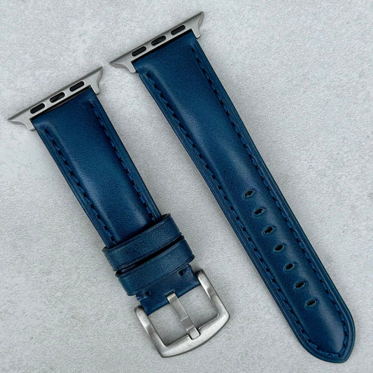 Prague marine blue vegetable tanned leather Apple Watch strap. Apple Watch series 3, 4, 5, 6, 7, 8, 9, SE and Ultra.
