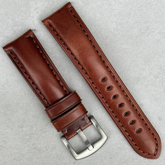 Prague chestnut brown vegetable tanned leather watch strap. Padded strap. 18mm, 20mm, 22mm, 24mm. Watch And Strap