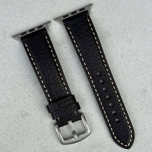 Jet black Italian leather Apple Watch strap. Apple Watch series 3, 4, 5, 6, 7, 8, 9, SE and Ultra. Watch And Strap