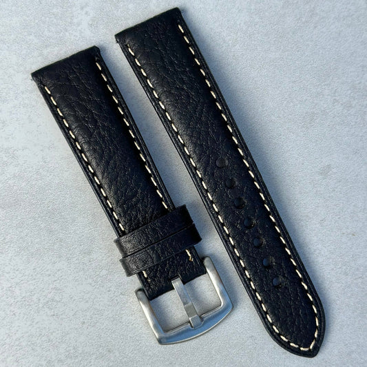 Rome jet black Italian leather watch strap. Contrast ivory stitching. 18mm, 20mm, 22mm, 24mm. Watch And Strap.