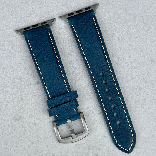 Blue Italian full grain leather Apple Watch strap. Apple Watch series 3, 4, 5, 6, 7, 8, 9, SE and Ultra. Watch And Strap