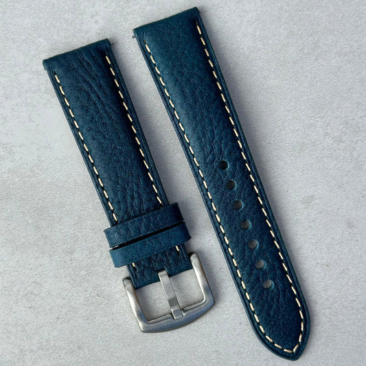 Rome Prussian blue full grain leather watch strap with contrast ivory stitching. 18mm, 20mm, 22mm, 24mm. Watch And Strap.