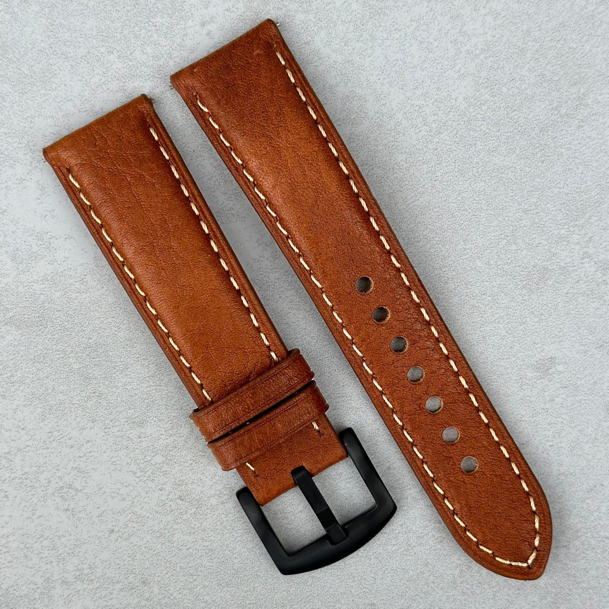 Rome copper tan Italian leather watch strap. PVD black buckle. 18mm, 20mm, 22mm, 24mm. Watch And Strap