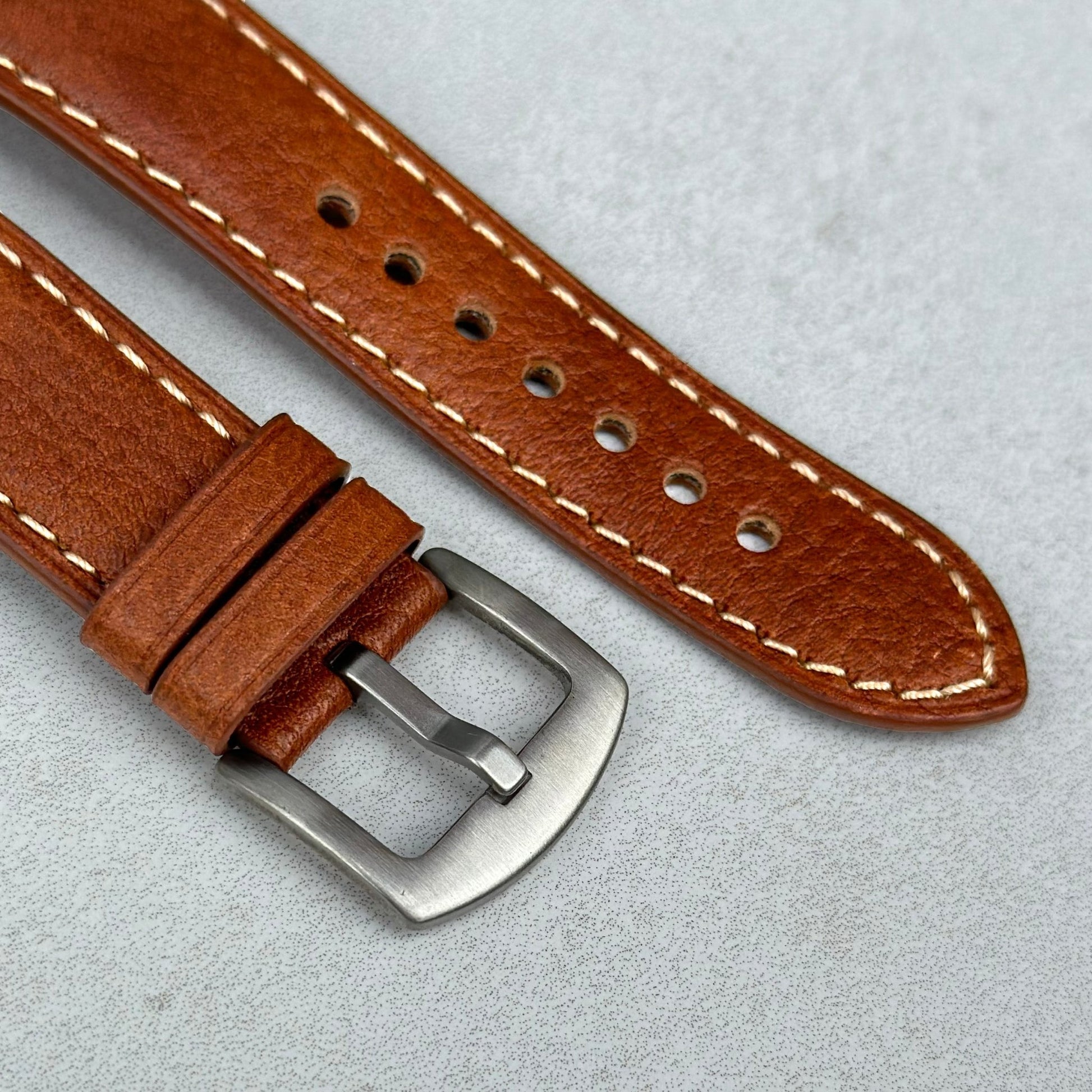 Brushed 316L stainless steel buckle on the Rome copper tan leather watch strap. Watch and Strap.