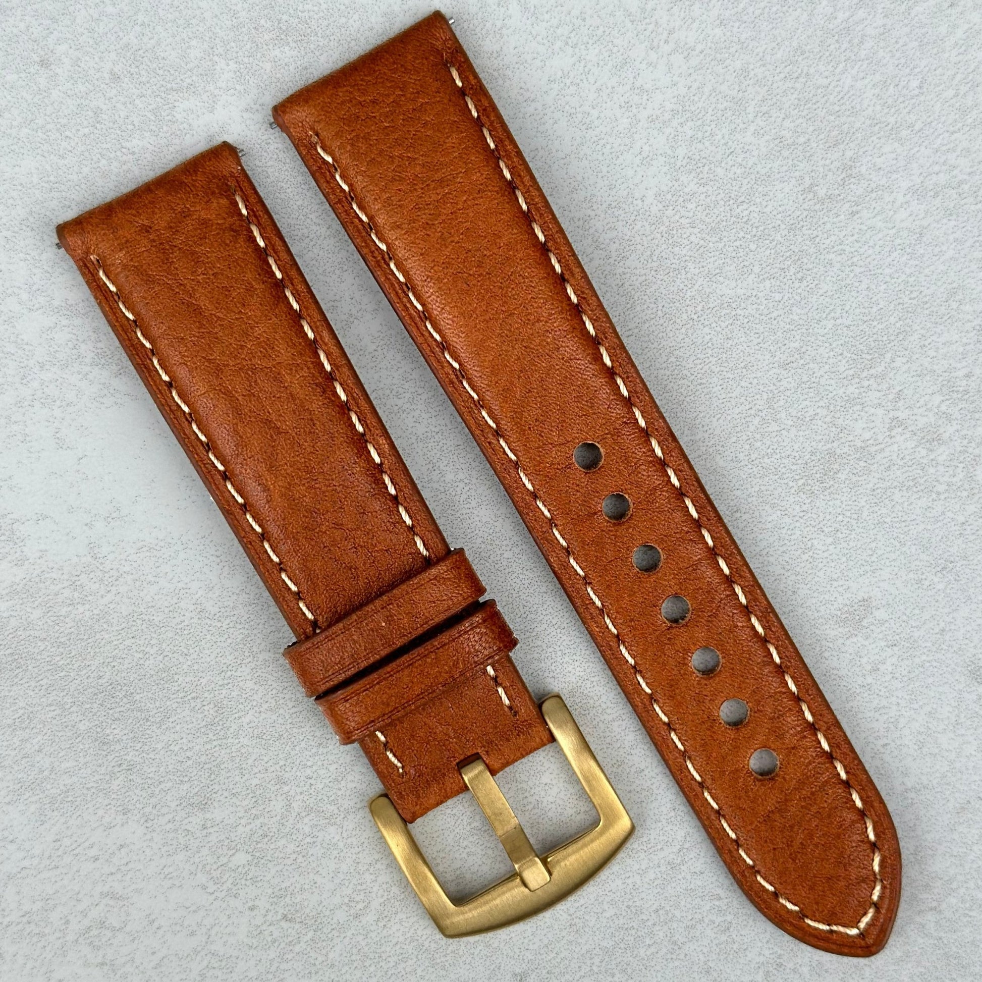 Rome copper tan Italian leather watch strap. PVD gold buckle. 18mm, 20mm, 22mm, 24mm. Watch And Strap