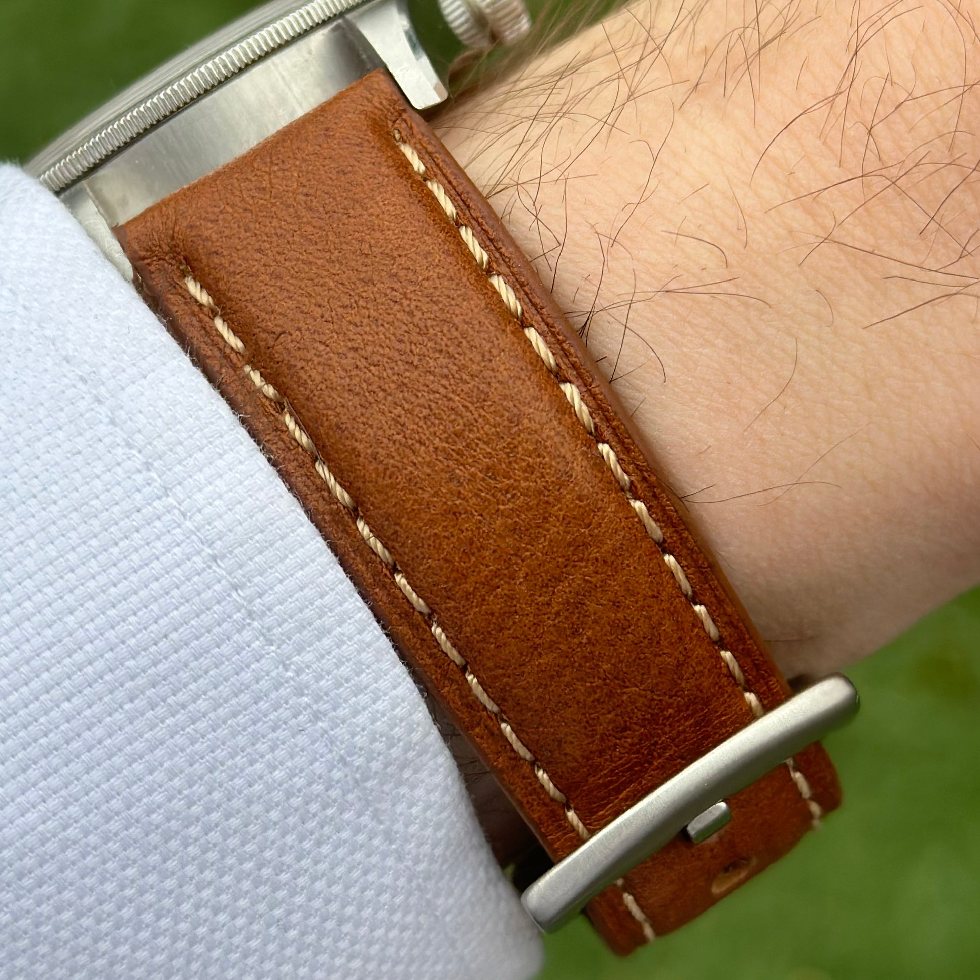 Wrist shot of the tan Italian leather watch strap on the Tudor Blackbay 58. 18mm, 20mm, 22mm, 24mm. Watch And Strap