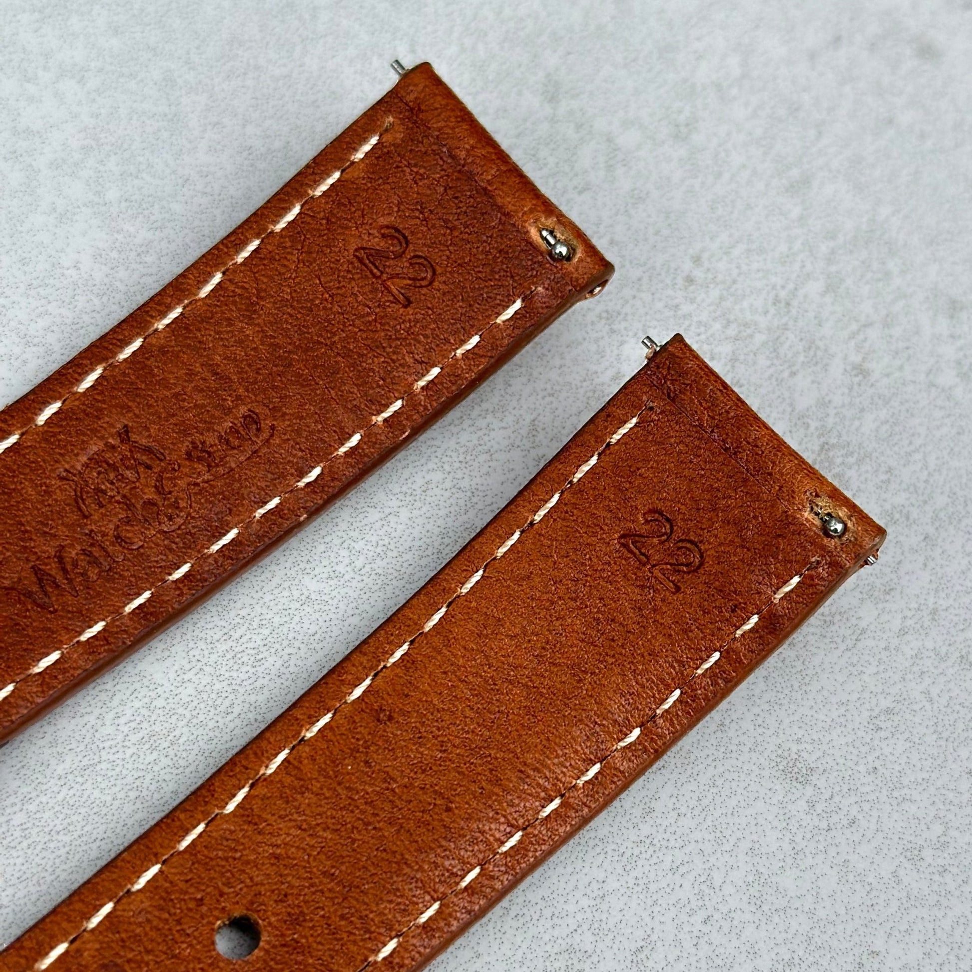 Quick release pins on the Rome copper tan Italian leather watch strap. Watch And Strap.