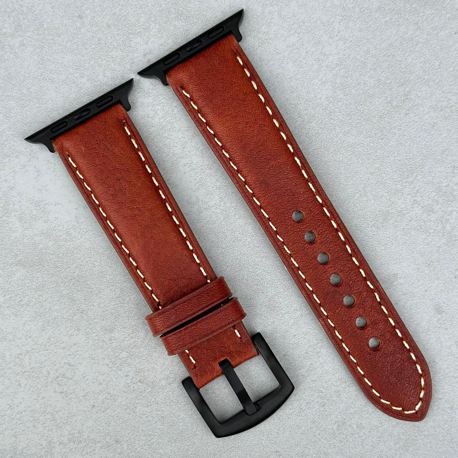 Terracotta brown Italian leather Apple Watch strap. Series 3, 4, 5, 6, 7, 8, 9, SE and Ultra. PVD black. Watch And Strap